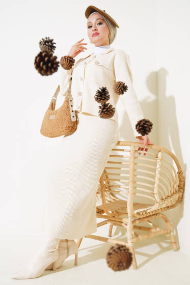 Çift Cepli Düğmeli Hırkalı Triko İkili Takım Bej - İkili Takım