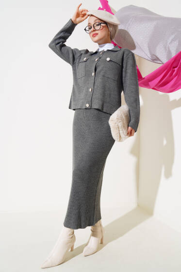 Çift Cepli Düğmeli Hırkalı Triko İkili Takım Gri - İkili Takım