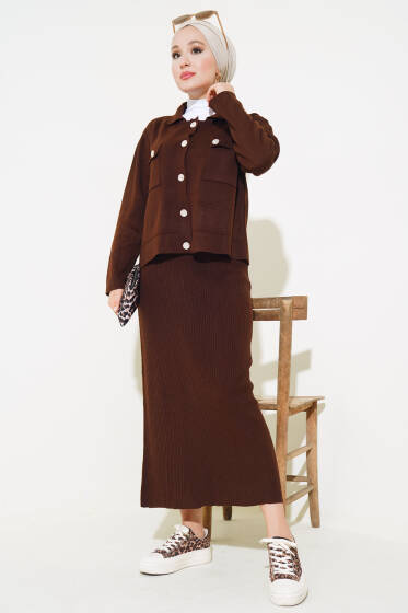 Çift Cepli Düğmeli Hırkalı Triko İkili Takım Kahve - İkili Takım