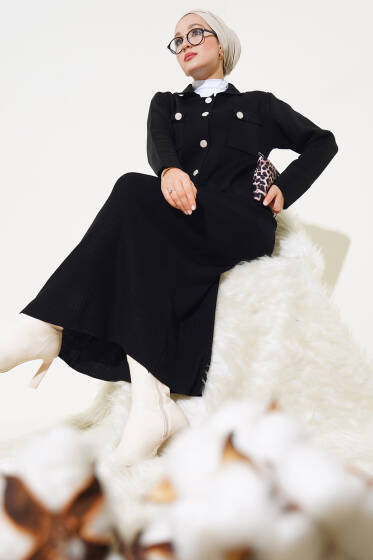 Çift Cepli Düğmeli Hırkalı Triko İkili Takım Siyah - İkili Takım