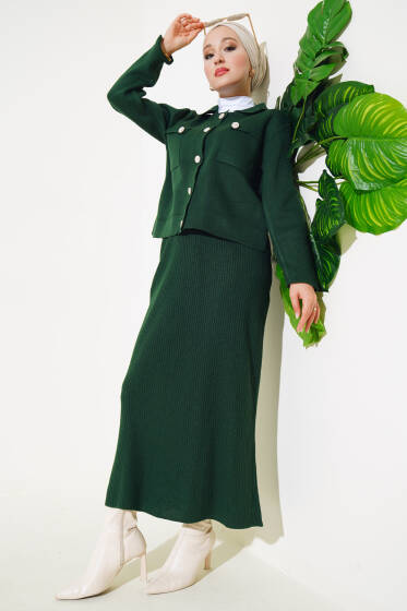 Çift Cepli Düğmeli Hırkalı Triko İkili Takım Zümrüt - İkili Takım