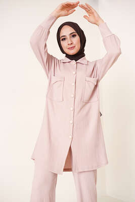 Çİft Cepli Düğmeli İkili Takım Bej - İKİLİ TAKIM