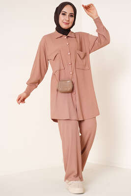 Çİft Cepli Düğmeli İkili Takım Latte - HBS