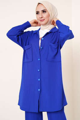 Çİft Cepli Düğmeli İkili Takım Saks - İKİLİ TAKIM