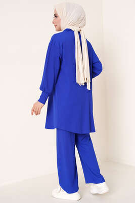 Çİft Cepli Düğmeli İkili Takım Saks - İKİLİ TAKIM