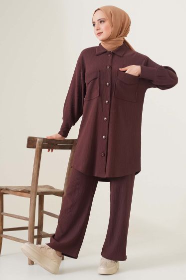 Çift Cepli Düğmeli Kahve İkili Takım - İKİLİ TAKIM