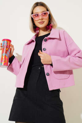 Çift Cepli Düğmeli Kısa Ceket Pembe 