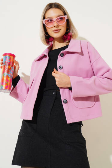 Çift Cepli Düğmeli Kısa Ceket Pembe - Yeni Giyim