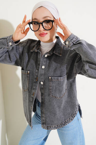 Çift Cepli Düğmeli Kot Ceket Füme - Ceket