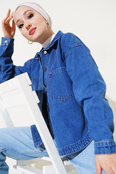 Çift Cepli Düğmeli Kot Ceket Mavi - Ceket