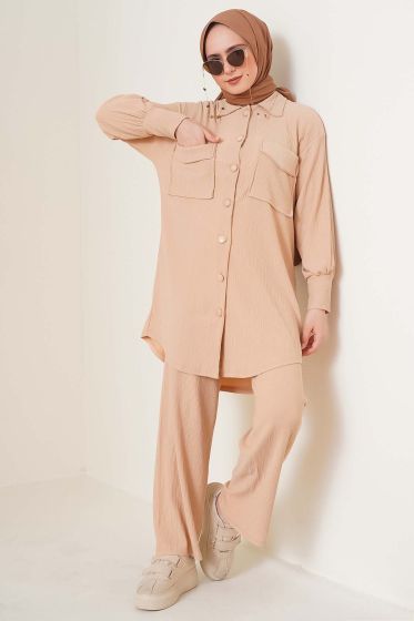 Çift Cepli Düğmeli Latte İkili Takım - İKİLİ TAKIM