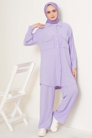 Çift Cepli Düğmeli Lila İkili Takım - İKİLİ TAKIM