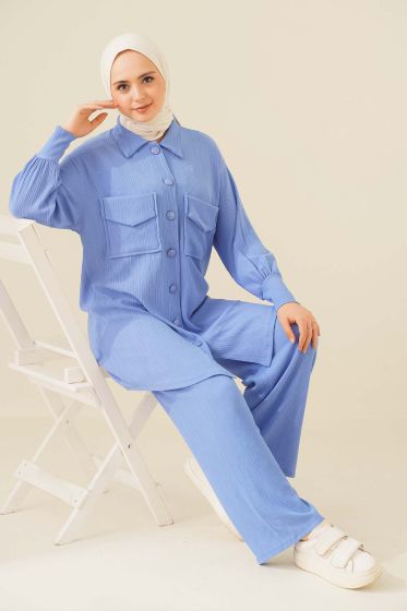 Çift Cepli Düğmeli Mavi İkili Takım - İKİLİ TAKIM