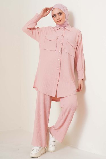 Çift Cepli Düğmeli Pudra İkili Takım - İKİLİ TAKIM