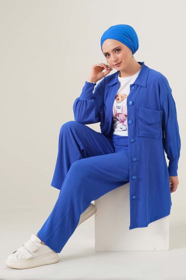 Çift Cepli Düğmeli Saks İkili Takım - İKİLİ TAKIM