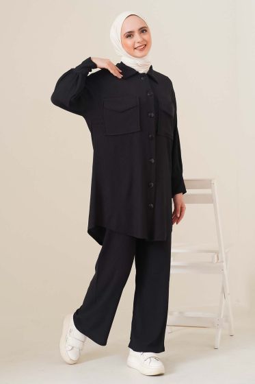 Çift Cepli Düğmeli Siyah İkili Takım - İKİLİ TAKIM