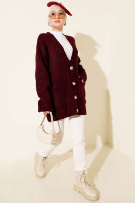 Çift Cepli Düğmeli Triko Hırka Bordo - Hırka