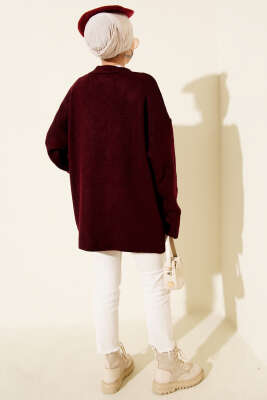 Çift Cepli Düğmeli Triko Hırka Bordo - Hırka