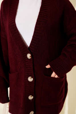 Çift Cepli Düğmeli Triko Hırka Bordo - Hırka