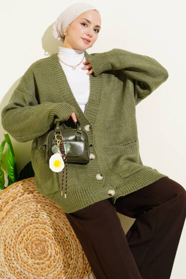 Çift Cepli Düğmeli Triko Hırka Çağla Yeşili - Hırka