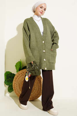 Çift Cepli Düğmeli Triko Hırka Çağla Yeşili - Hırka