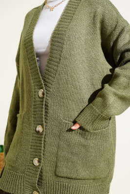 Çift Cepli Düğmeli Triko Hırka Çağla Yeşili - Hırka