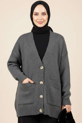 Çift Cepli Düğmeli Triko Hırka Füme - VANİZA TRİKO