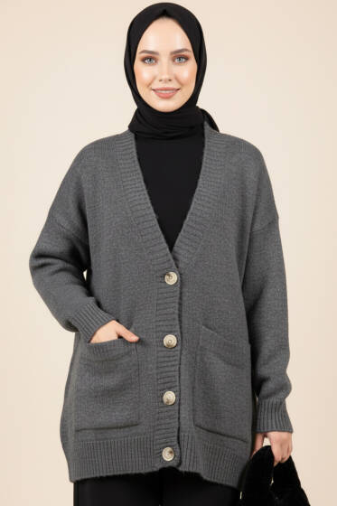 Çift Cepli Düğmeli Triko Hırka Füme - Hırka