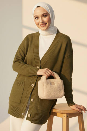 Çift Cepli Düğmeli Triko Hırka Haki - Hırka