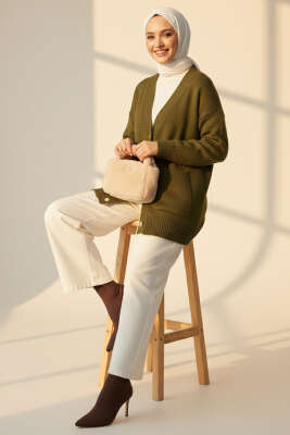 Çift Cepli Düğmeli Triko Hırka Haki - Hırka