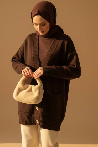 Çift Cepli Düğmeli Triko Hırka Kahve - Hırka