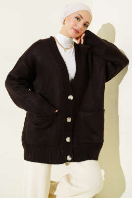 Çift Cepli Düğmeli Triko Hırka Kahve - VANİZA TRİKO