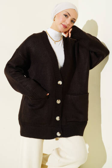 Çift Cepli Düğmeli Triko Hırka Kahve - Hırka