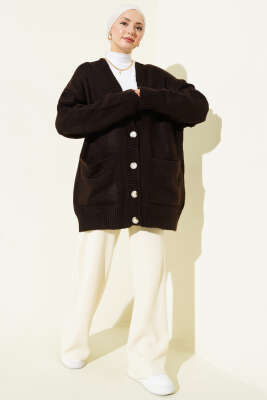 Çift Cepli Düğmeli Triko Hırka Kahve - Hırka