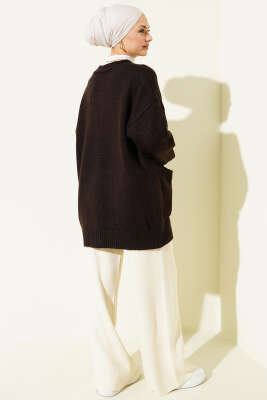 Çift Cepli Düğmeli Triko Hırka Kahve - Hırka