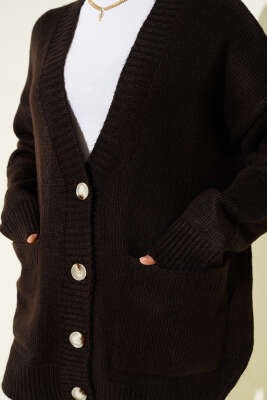 Çift Cepli Düğmeli Triko Hırka Kahve - Hırka