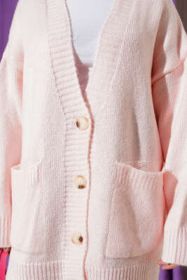 Çift Cepli Düğmeli Triko Hırka Pembe - Hırka