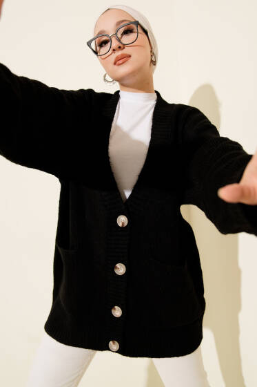 Çift Cepli Düğmeli Triko Hırka Siyah - Hırka