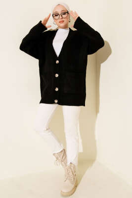 Çift Cepli Düğmeli Triko Hırka Siyah - Hırka