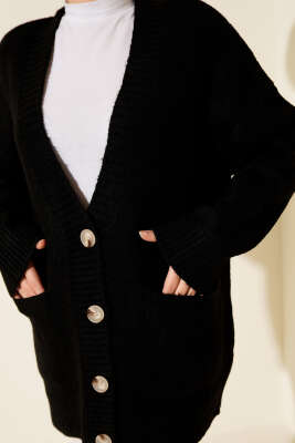 Çift Cepli Düğmeli Triko Hırka Siyah - Hırka