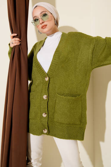 Çift Cepli Düğmeli Triko Hırka Yağ Yeşili - Hırka