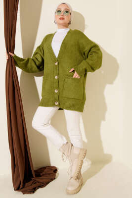 Çift Cepli Düğmeli Triko Hırka Yağ Yeşili - Hırka