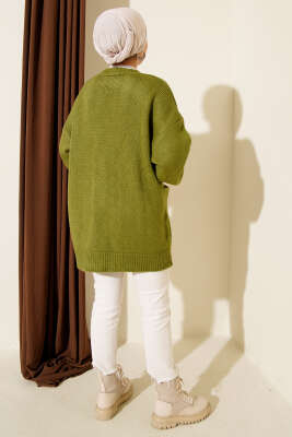 Çift Cepli Düğmeli Triko Hırka Yağ Yeşili - Hırka