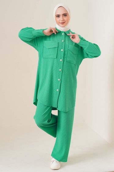 Çift Cepli Düğmeli Yeşil İkili Takım - İKİLİ TAKIM