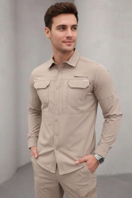 Çift Cepli Erkek Avcı Gömlek Bej - GAVAZZİ