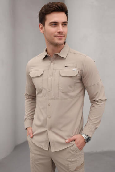 Çift Cepli Erkek Avcı Gömlek Bej - Erkek Gömlek