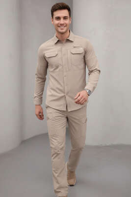 Çift Cepli Erkek Avcı Gömlek Bej - Erkek Gömlek