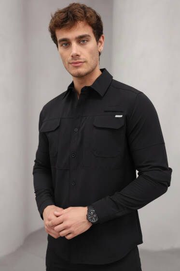 Çift Cepli Erkek Avcı Gömlek Siyah - Erkek Gömlek