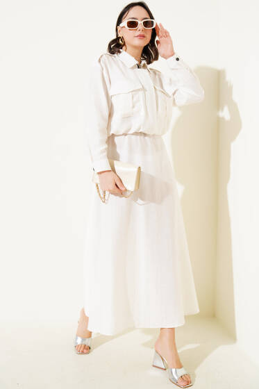 Çift Cepli Fermuarlı Etekli İkili Takım Ekru - İkili Takım