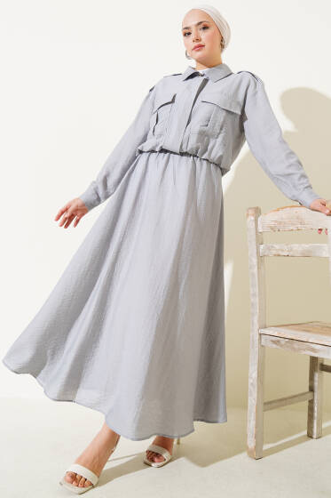 Çift Cepli Fermuarlı Etekli İkili Takım Gri - İkili Takım